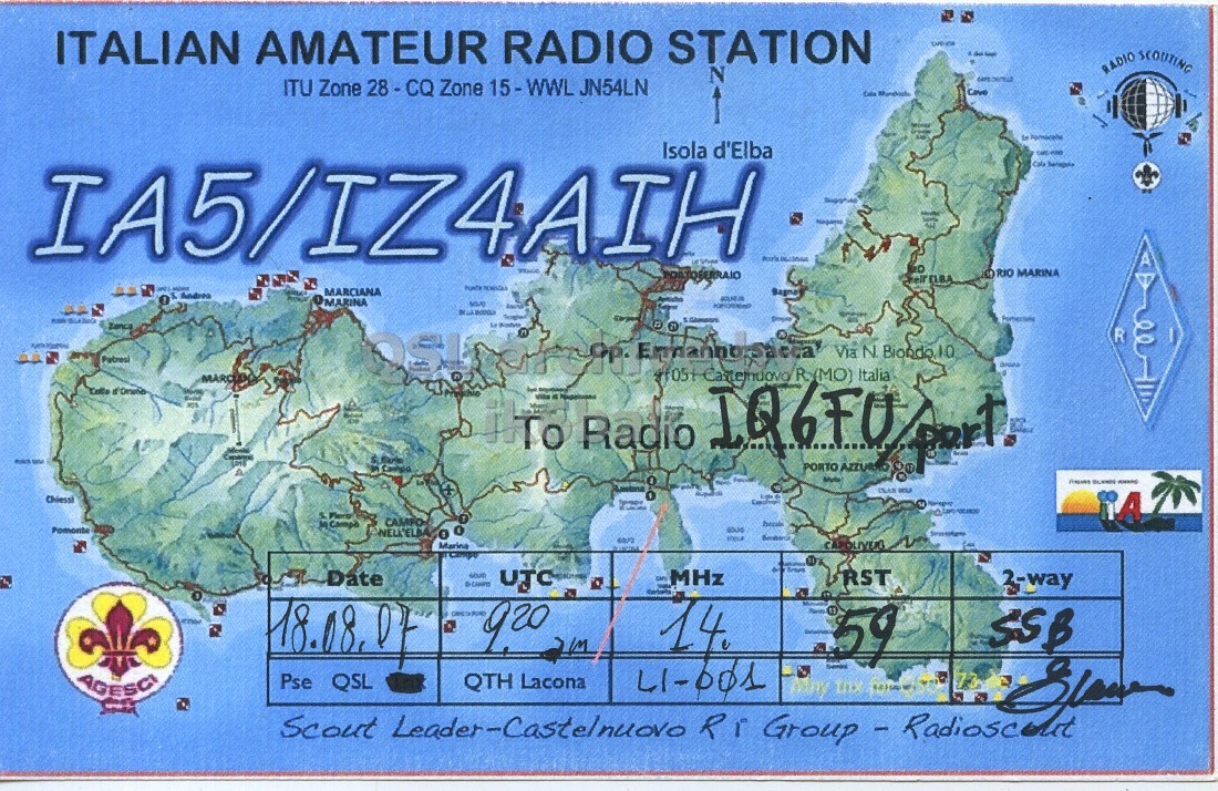 Front QSL card, of IA5/IZ4AIH to IQ6FU/P, August 18, 2007, SSB mode. The QSL image contains the following objects: Plot, Map, Atlas, Diagram. And contains this text: ITALIAN AMATEUR RADIO STATION - RADIO SCOUTING N ITU Zone 28 - CQ Zone 15-WWL JN54LN Cave Isola d'Elba - IA5/IZ4AIH MARCIANA Bagna MARINA Zanca PORTO AZZURAO Chiessi CAMPO ITALIAN AMATEUR RADIO STATION - RADIO SCOUTING N ITU Zone Zone 15-WWL JN54LN Cave Isola d'Elba - IA5/IZ4AIH MARINA MARCIANA Bagna Andrea MARINA Zanca Via N Italia Radio IQ6FU PORTO Chiessi CAMPO.