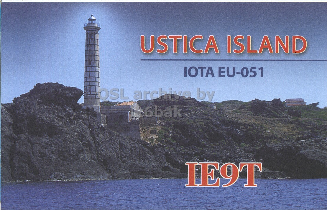 Front QSL card, of IE9T to IK6CQC, July 23, 2009, SSB mode. The QSL image contains the following objects: Building, Tower. And contains this text: USTICA ISLAND IOTA EU-051 OSL archive by 6bak IE9T USTICA ISLAND IOTA EU-051 OSL archive by 6bak IE9T.
