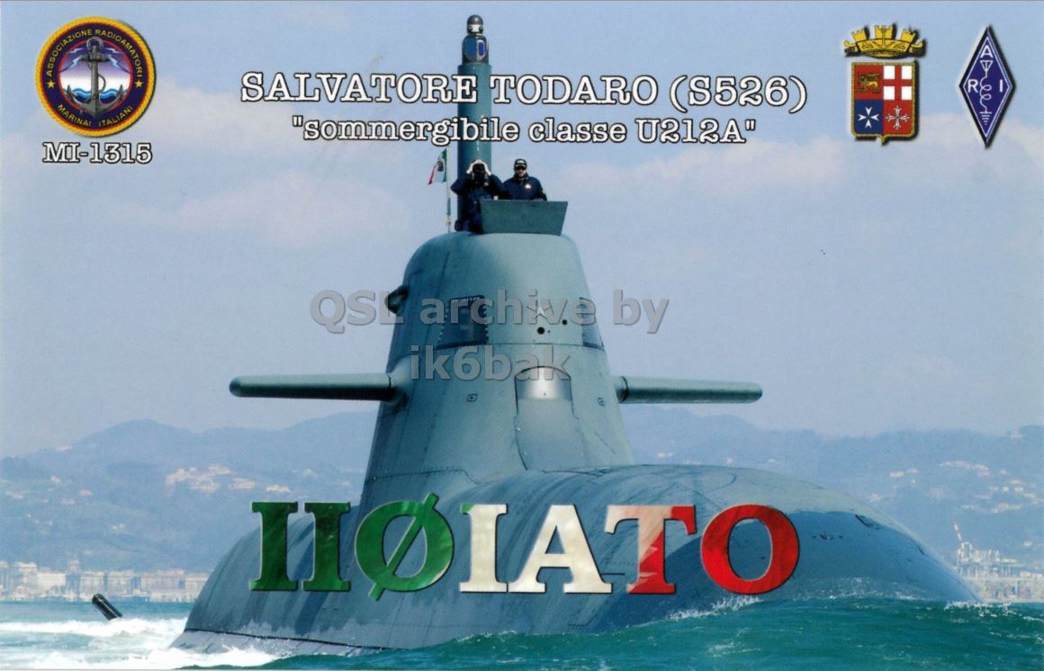 Front QSL card, of II0IATO to IK2GRA, September 10, 2016, CW mode. The QSL image contains the following objects: Vehicle, Submarine, Person, Turret. And contains this text: ASSOCIAZIONE RADIOAMATORI SALVATORE TODARO (S526) R MARINAI ITALIANI "sommergibile classe U212A" MI-1315 ik6bak IIOIATO.