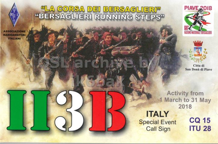 Front QSL card, of II3B to IK2GRA, April 22, 2018, CW mode. The QSL image contains the following objects: Poster, Adult, Male, Man, Person. And contains this text: "LA CORSA DEI BERSAGLIERI" PIAVE 2018 R "BERSAGLIERI RUNNING STEPS" 66 ASSOCIAZIONE RADIOAMATORI ITALIANI OSL archive b Citta di San Donà di Piave II Activity from 1 March to 31 May 2018 ITALY CQ 15 Special Event ITU 28 Call Sign.