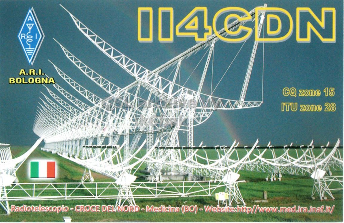 Front QSL card, of II4CDN to IK2GRA, October 5, 2014, CW mode. The QSL image contains the following objects: Antenna, Electrical Device, Radio Telescope, Telescope. And contains this text: A R I A.R.I. BOLOGNA CQ zone 15 ITU zone 28.
