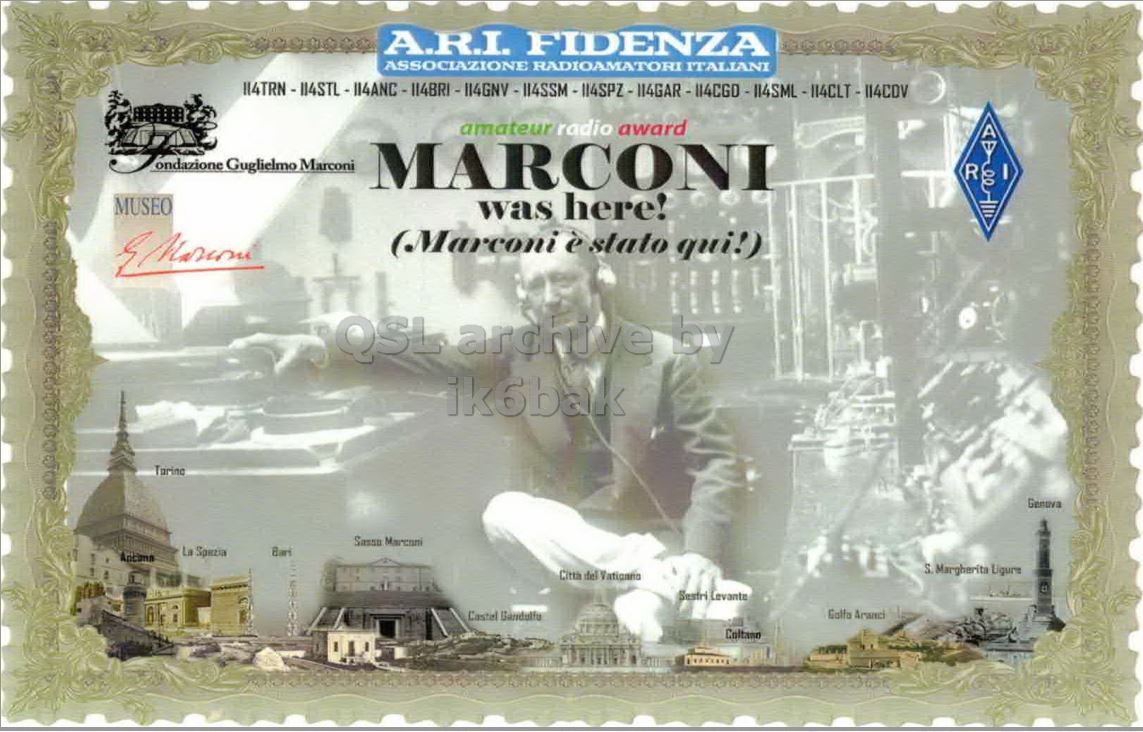 Front QSL card, of II4CLT to IK2GRA, November 2, 2023, CW mode. The QSL image contains the following objects: Adult, Male, Man, Person, Face. And contains this text: A.R.I. FIDENZA ASSOCIAZIONE RADIOAMATORI ITALIANI amateur radio award ondazione Guglielmo Marconi MARCONI R MUSEO was here! (Marconi è stato qui!) ik6bak Genova Sassa Marconi La Spezia Ancima.