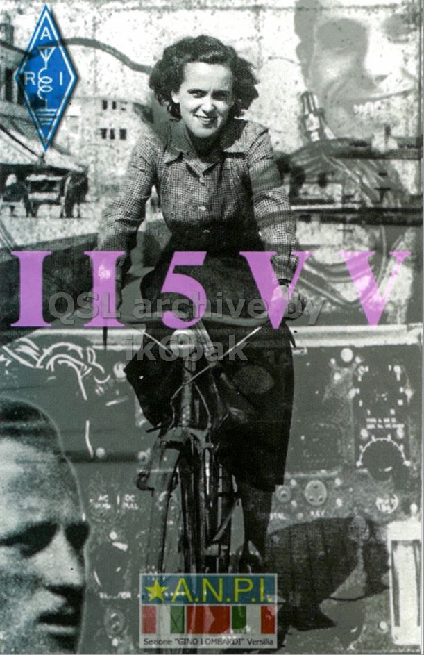 Front QSL card, of II5VV to IK2GRA, September 4, 2016, CW mode. The QSL image contains the following objects: Advertisement, Poster, Adult, Man, Person. And contains this text: A R I A.N.P.I Sezione "GINO I OMBANDI" Versilia.