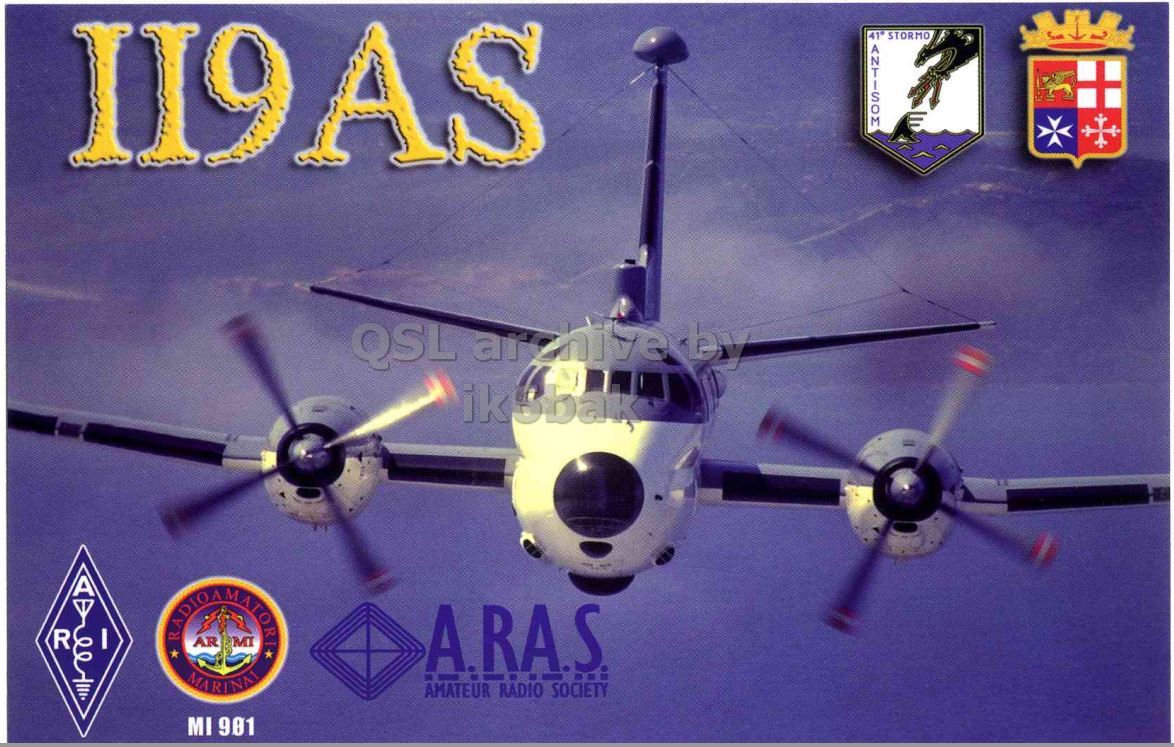 Front QSL card, of II9AS to IK2GRA, June 9, 2012, CW mode. The QSL image contains the following objects: Aircraft, Airplane, Vehicle, Helicopter. And contains this text: II9AS 41° STORMO ANTISOM QSL archive by R I A.RA.S AMATEUR RADIO SOCIETY MI 901 II9AS 41° STORMO ANTISOM QSL archive by R I A.RA.S AMATEUR RADIO SOCIETY MI 901.