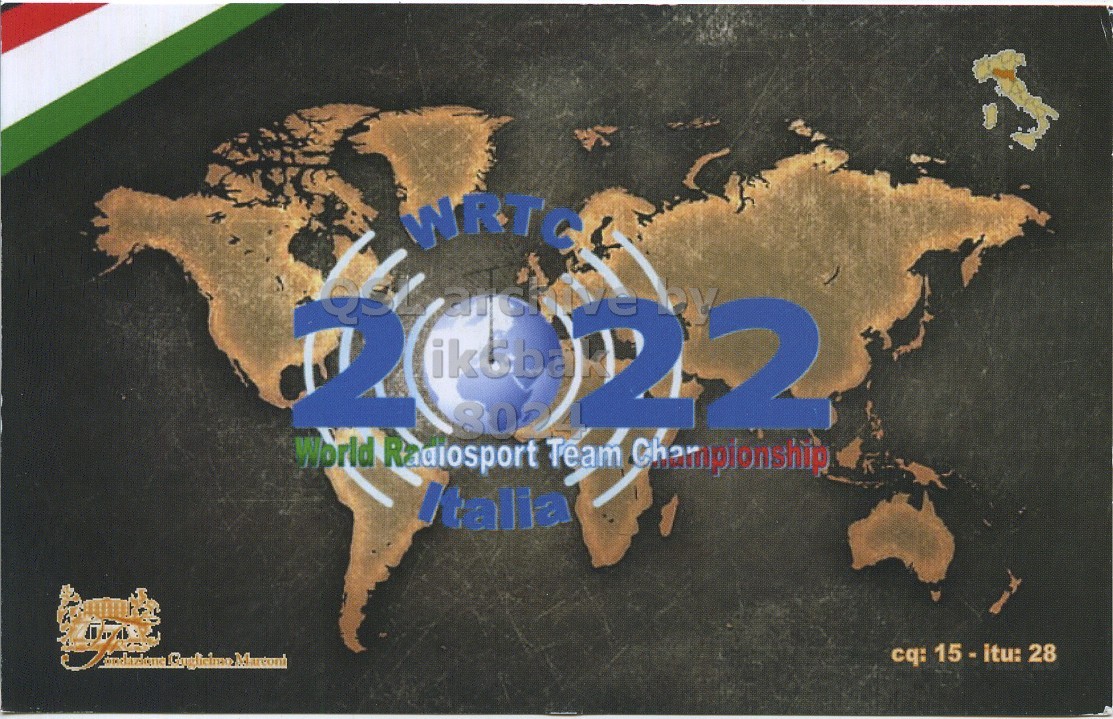 Front QSL card, of IK2BCP to IK6BAK, December 22, 2023, CW mode. The QSL image contains the following objects: Map. And contains this text: 22 World Radiosport Championship Italia cq: 15-itu: 28 Marconi.