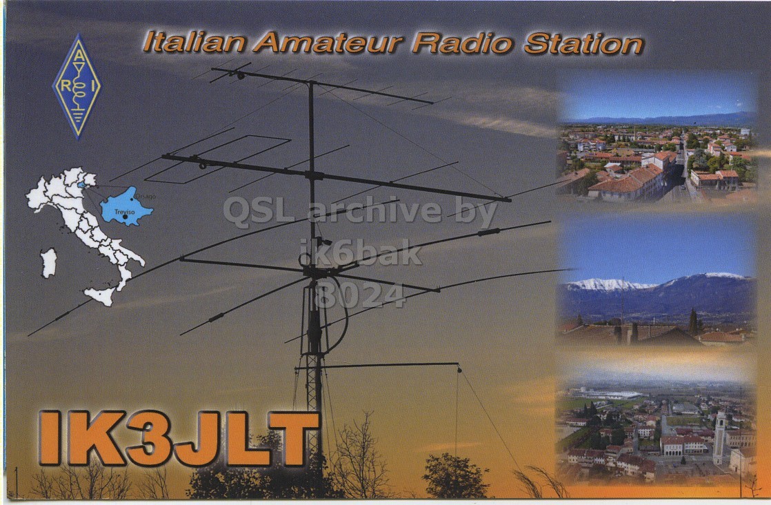 Front QSL card, of IK3JLT to IK6BAK, December 31, 2019, FT4 mode. The QSL image contains the following objects: Electrical Device. And contains this text: Italian Amateur Radio Station R Treviso ik6bak B024 IK3JLT.