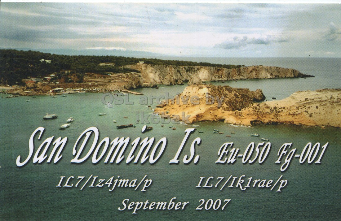 Front QSL card, of IL7/IZ4JMA/P to IK6CQC, September 3, 2007, SSB mode. The QSL image contains the following objects: Land, Nature, Outdoors, Sea, Peninsula. And contains this text: QSL archive by ikobak San Domino Is. Eu-050 Fg-001 IL7/Ik1rae/p IL7/Iz4jma/p September 2007 QSL archive by ikobak San Domino Eu-050 Fg-001 IL7/Ik1rae/p IL7/Iz4jma/p September 2007.