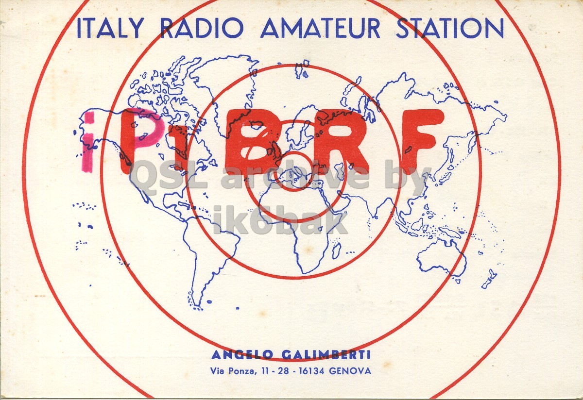Front QSL card, of IP1BRF to I2LCN, June 13, 1971, SSB mode. The QSL image contains the following objects: Gun. And contains this text: ITALY RADIO AMATEUR STATION F QSL ANGELO GALIMBERTI Via Ponza, 11-28-16134 GENOVA ITALY RADIO AMATEUR STATION F QSL ikobak ANGELO GALIMBERTI Via Ponza, 11-28-16134 GENOVA.