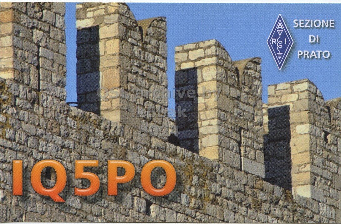 Front QSL card, of IQ5PO to IK6BAK, December 11, 2016, CW mode. The QSL image contains the following objects: Building, Fortress, Wall, City. And contains this text: SEZIONE AIV DI R I PRATO.
