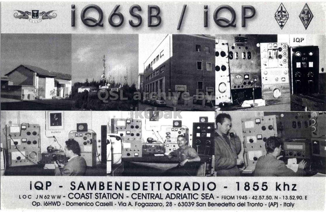 Front QSL card, of IQ6SB/IQP to IK2GRA, April 13, 2012, CW mode. The QSL image contains the following objects: Advertisement, Poster, Building, Hospital, Person. And contains this text: iQ6SB / iQP R IQP QSL archive by ik6bak SILENZIO Op. I6HWD - Domenico Caselli - Via A. Fogazzaro, 28 - 63039 San Benedetto del Tronto - (AP) - Italy / iQP R IQP QSL archive ik6bak SILENZIO khz LOC JN62WW-COAST ADRIATIC SEA - FROM E Caselli - Via Fogazzaro, San Benedetto del.