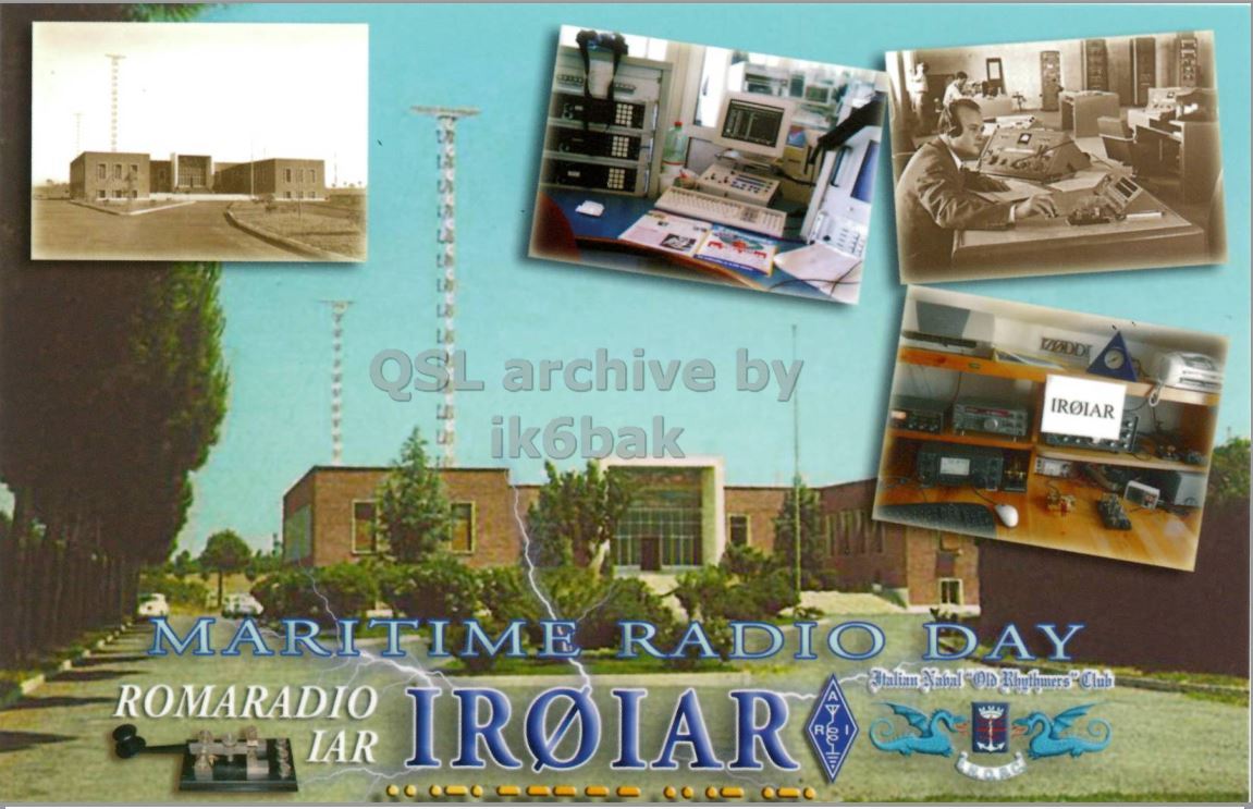 Front QSL card, of IR0IAR to IK2GRA, April 13, 2012, CW mode. The QSL image contains the following objects: Advertisement, Poster, Adult, Man, Person. And contains this text: QSL LB archive by IROIAR ik6bak MARITIME RADIO DAY ROMARADIO IAR IROIAR R QSL archive by IROIAR ik6bak MARITIME RADIO DAY Italian ROMARADIO IAR IROIAR R.