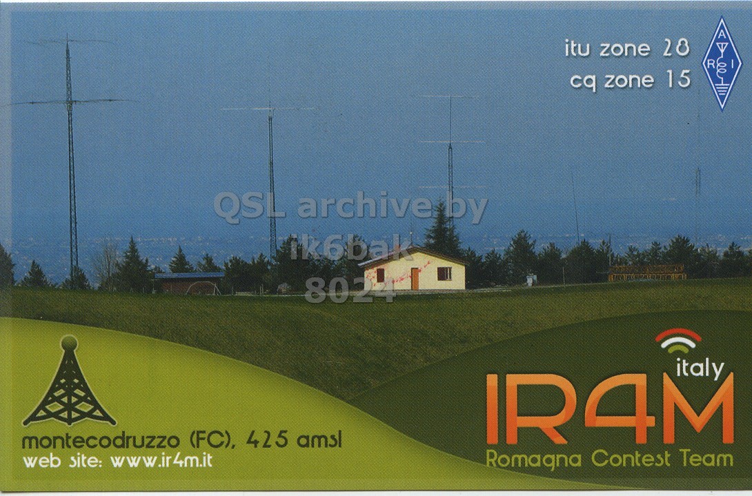 Front QSL card, of IR4M to IK6BAK, November 26, 2016, CW mode. The QSL image contains the following objects: Advertisement, Grass, Field, Nature, Outdoors. And contains this text: A itu zone 28 R cq zone 15 ik6bak 8024 italy IR4M montecodruzzo (FC), 425 amsl web site: www.ir4m.it Romagna Contest Team.