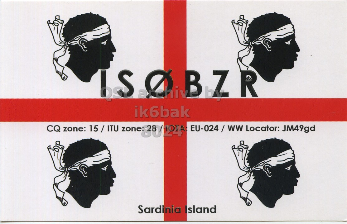 Front QSL card, of IS0BZR to IK6BAK, December 10, 2016, CW mode. The QSL image contains the following objects: Adult, Female, Person, Woman, Face. And contains this text: ik6bak CQ zone: 15 / ITU zone EU-024 / WW Locator: JM49gd Sardinia Island.