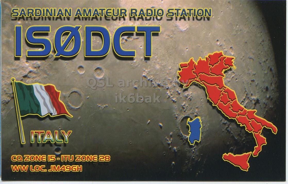 Front QSL card, of IS0DCT to IK6CQC, October 4, 2015, SSB mode. The QSL image contains the following objects: Nature, Outdoors, Mountain. And contains this text: SARDINIAN AMATEUR RADIO STATION STATION ISODCT ik6bak ITALY CQ ZONE 15-ITU ZONE 28 ww LOC. JM49GH SARDINIAN AMATEUR RADIO STATION DINIAN STATION ISODCT QSL ik6bak ITALY CQ ZONE 15-ITU ZONE 28 ww LOC. JM49GH.