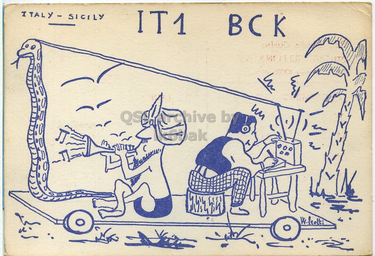 Front QSL card, of IT1BCK to I1LCN, April 10, 1966, PH mode. The QSL image contains the following objects: Baby, Person. And contains this text: IT1 ВСК QS IT1 ВСК QS.