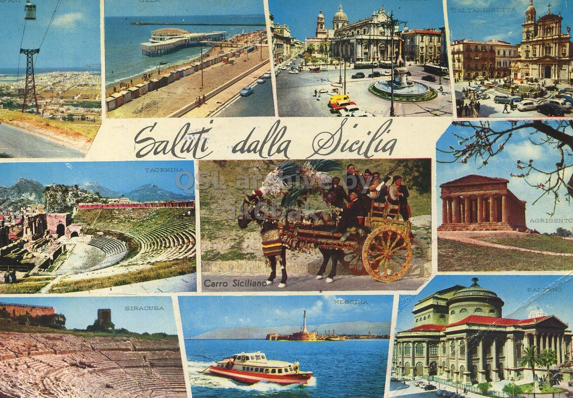 Front QSL card, of IT1NIS to I1LCN, October 10, 1970, SSB mode. The QSL image contains the following objects: Building, Waterfront, Collage, Boat, City. And contains this text: Saluti dalla Sicilia TAORMINA QSL AGRIGENTC Carro Siciliano MESSINA SIRACUSA Saluti dalla Sicilia TAORMINA QSL AGRIGENTC Carro Siciliano MESSINA SIRACUSA.
