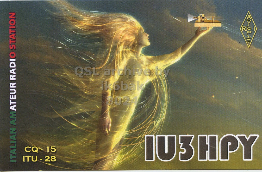 Front QSL card, of IU3HPY to IK6BAK, December 1, 2022, CW mode. The QSL image contains the following objects: Book, Publication, Adult, Person, Woman. And contains this text: R ik6bak 8024 ITALIAN AMATEUR RADIO STATION.