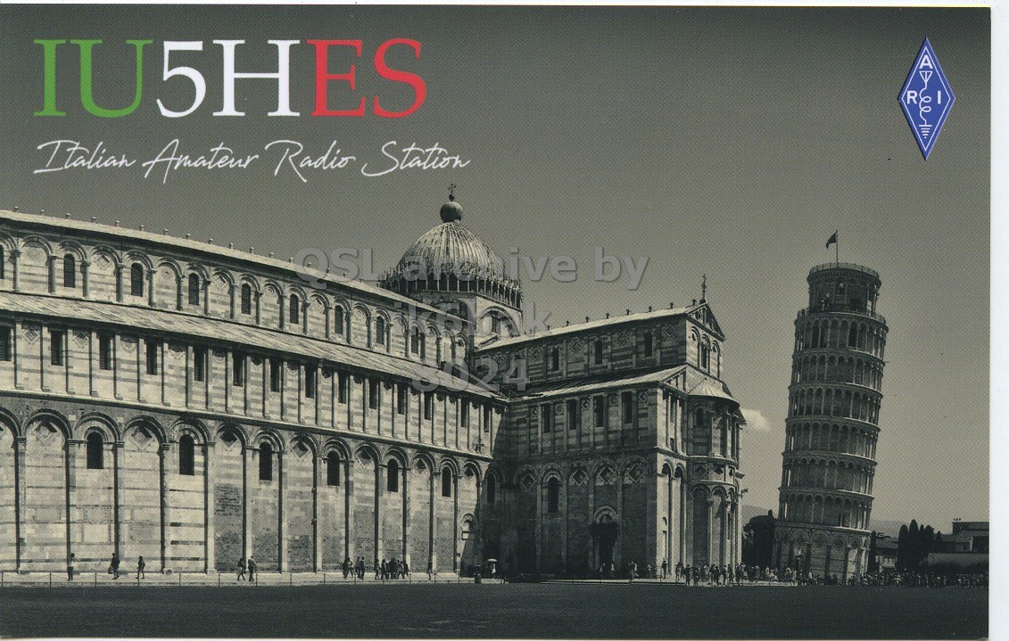 Front QSL card, of IU5HES to IK6BAK, January 15, 2023, CW mode. The QSL image contains the following objects: Building, Person, Tower, City. And contains this text: IU5HES A R I Italian Amateur Radio Station by 24.
