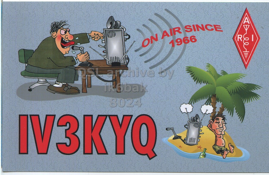 Front QSL card, of IV3KYQ to IK6BAK/P, March 16, 2023, SSB mode. The QSL image contains the following objects: Book, Comics, Publication, Baby, Person. And contains this text: AV ON AIR SINCE R I 1966 ik6bak 8024 IV3KYQ.