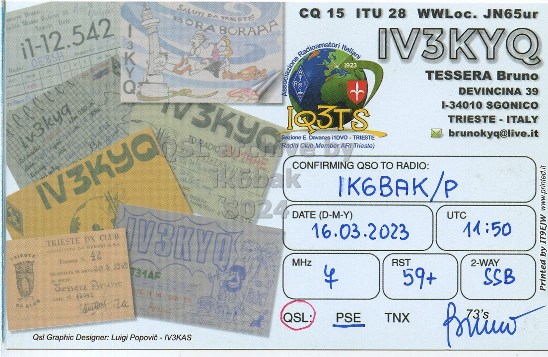 Right QSL card, of IV3KYQ to IK6BAK/P, March 16, 2023, SSB mode. And contains this text: SALUTI CQ 15 ITU 28 WWLoc. JN65ur BORA DA BORAAR TRIESTE il-12.542 3 IV3KYQ Radio KYQ Associazione = Radioamatori Italiani 1923 TESSERA Bruno DEVINCINA 39 I-34010 SGONICO 1Q3TS TRIESTE - ITALY brunokyq@live.it iv3kyq Radio Club Member ARI Trieste) CONFIRMING QSO TO RADIO: ik6bak IK6BAK/P IV3KYQ DATE (D-M-Y) UTC TRIESTE DX CLUB 11:50 16.03.2023.