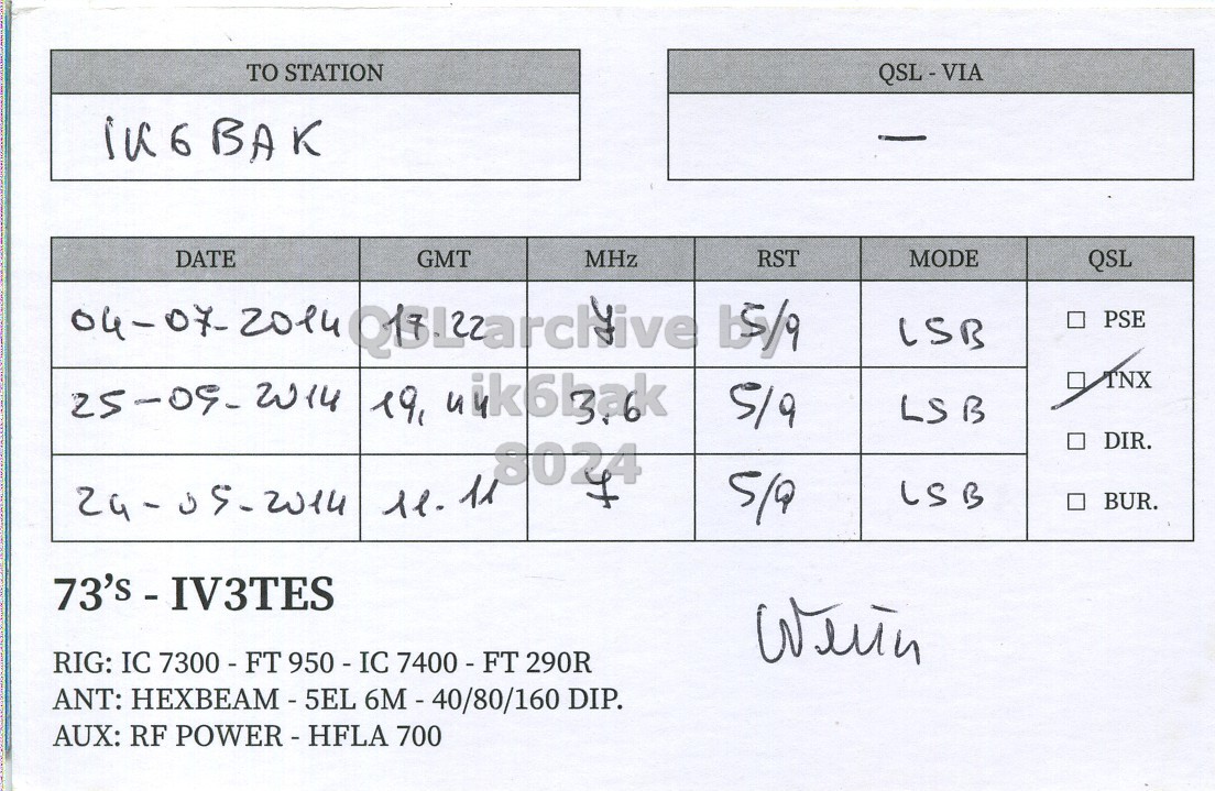 Right QSL card, of IV3TES to IK6BAK, July 4, 2014, SSB mode. And contains this text: TO STATION DATE GMT MHz RST MODE QSL PSE LSB 25-09-2014 19, uik6bak TNX 5/9 LSB DIR. 8024 LSB 11. 11 BUR. RIG: IC 7300 - FT 950-IC 7400 - FT 290R ANT: HEXBEAM- SEL 6M - 40/80/160 DIP. AUX: RF POWER-HFLA 700.