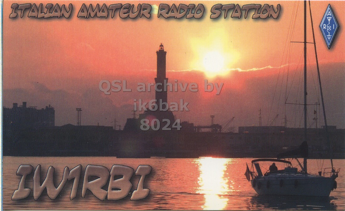 Front QSL card, of IW1RBI to IK6BAK, January 12, 2019, SSB mode. The QSL image contains the following objects: Sky, Yacht, Sailboat, Waterfront, Sunrise. And contains this text: ITALIAN AMATEUR RADIO STATION R ik6bak 8024.