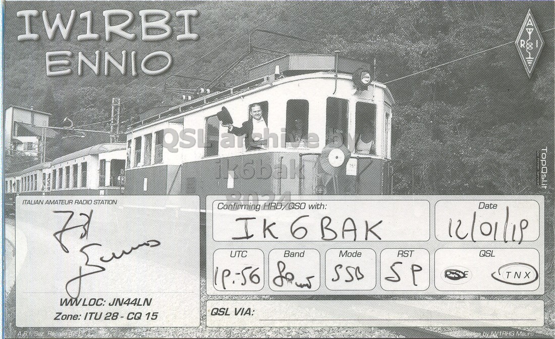 Right QSL card, of IW1RBI to IK6BAK, January 12, 2019, SSB mode. The QSL image contains the following objects: Advertisement, Person, Number, Symbol. And contains this text: IW1RBI R ENNIO TopQsl.it I ITALIAN AMATEUR RADIO STATION Confirming HRD/QSO with: Date UTC Band Mode RST QSL of SSB TNX WW LOC: JN44LN QSL VIA: Zone: ITU 28-CQ 15.