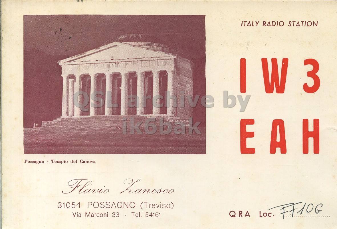Front QSL card, of IW3EAH to I6LCN, August 16, 1973, AM mode. The QSL image contains the following objects: Building, Shrine, Temple, Pillar, Parthenon. And contains this text: ITALY RADIO STATION ik6bak EAH Possagno - Tempio del Canova Flavio Kanesco 31054 POSSAGNO (Treviso) Via Marconi 33 - Tel. 54161 QRA Loc. FF10G ITALY RADIO STATION 3 archive by ik6bak EAH Possagno - Tempio del Canova Flavio 31054 POSSAGNO (Treviso) Via Marconi 33 - Tel. 54161 QRA.