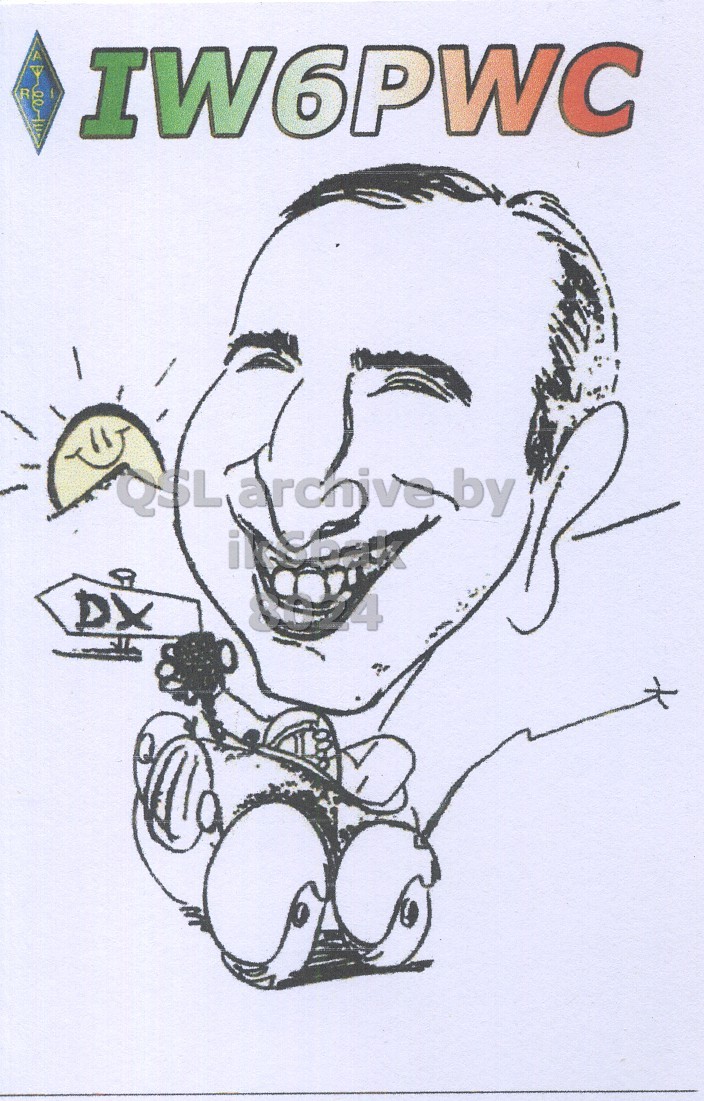 Front QSL card, of IW6PWC to IK6BAK, May 28, 2024, CW mode. The QSL image contains the following objects: Art, Adult, Male, Man, Person. And contains this text: A R IW6PWC DX.