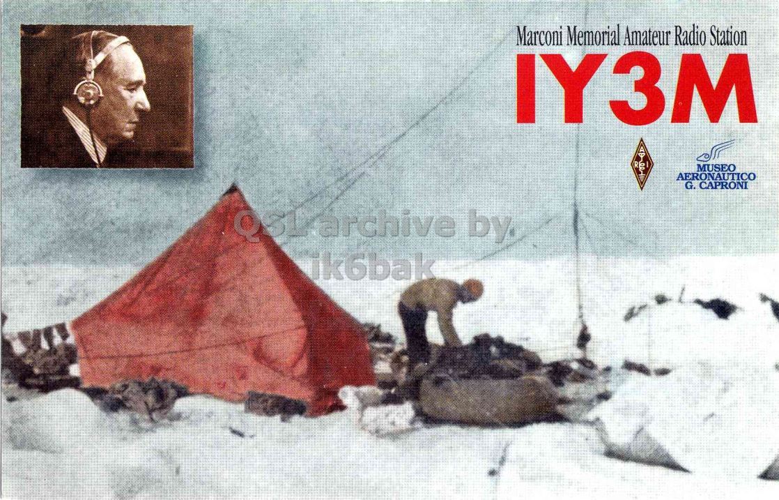 Front QSL card, of IY3M to IK2GRA, March 15, 1995, CW mode. The QSL image contains the following objects: Tent, Camping, Adult, Man, Person. And contains this text: Marconi Memorial Amateur Radio Station IY3M MUSEO AERONAUTICO G. CAPRONI QsParchive by. ik6bak Marconi Memorial Amateur Radio Station IY3M MUSEO AERONAUTICO G. CAPRONI by. ik6bak.