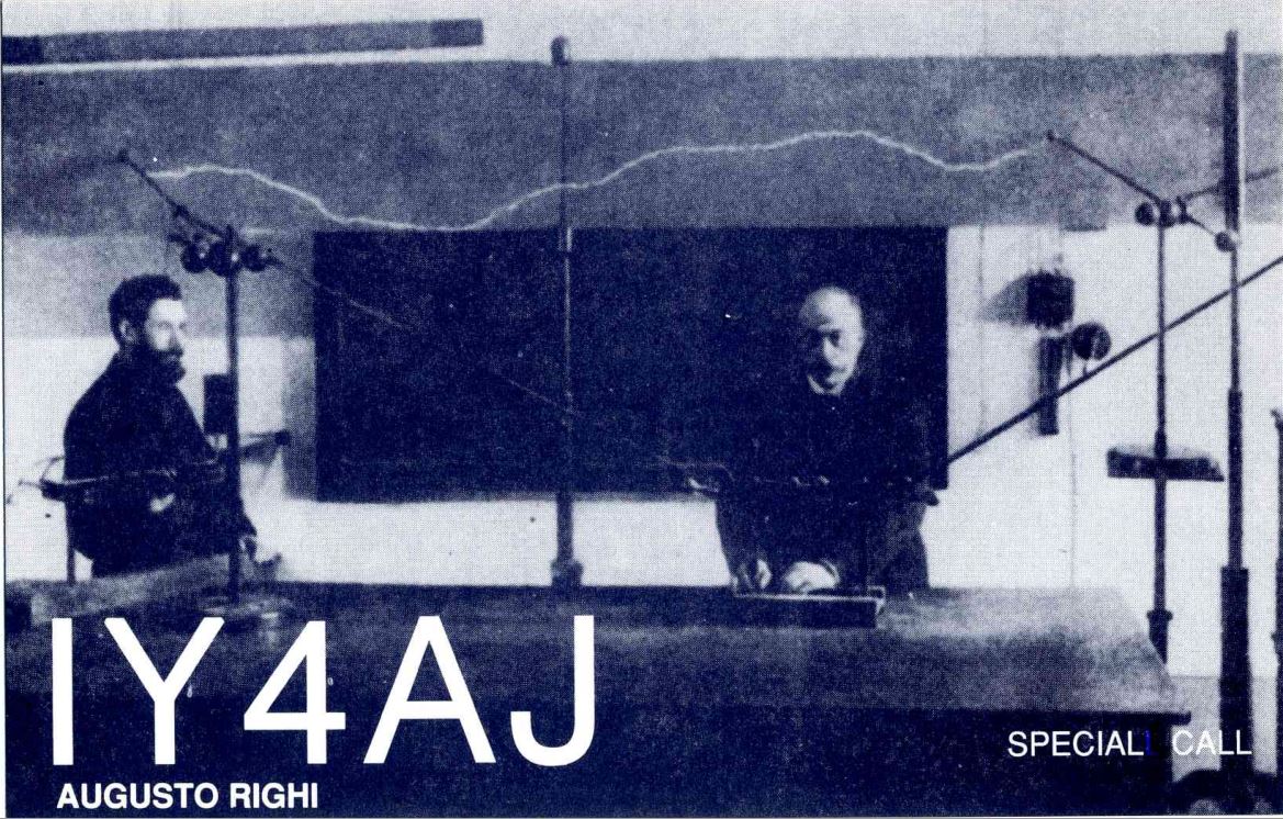 Front QSL card, of IY4AJ to IK2GRA, September 2, 1990, RTTY mode. The QSL image contains the following objects: Microphone, Adult, Male, Man, Person. And contains this text: IY4AJ SPECIAL CALL AUGUSTO RIGHI IY4AJ SPECIAL CALL AUGUSTO RIGHI.