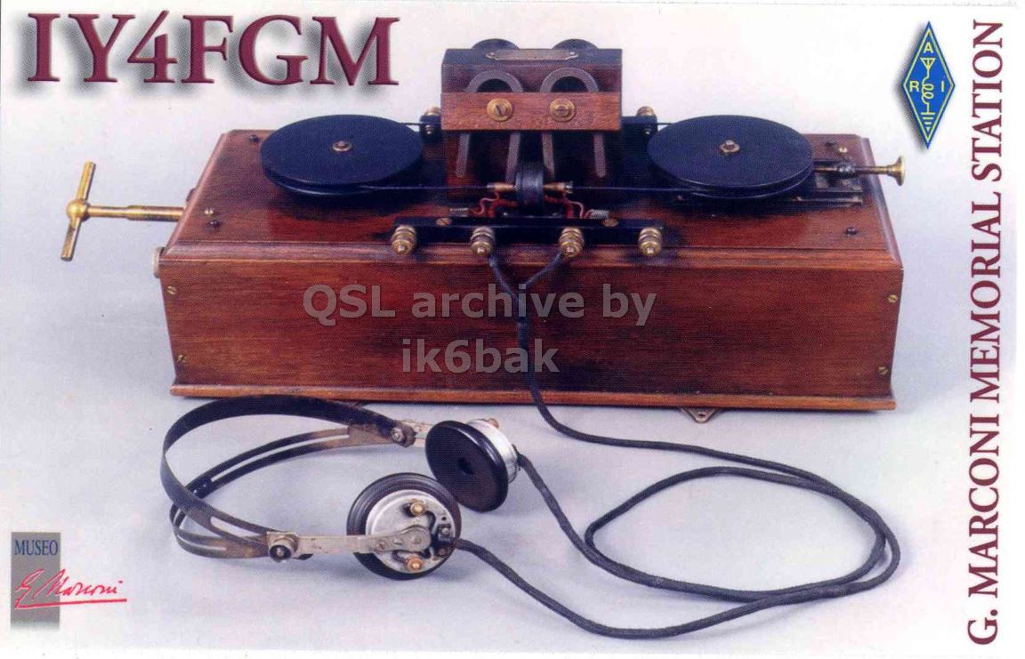 Front QSL card, of IY4FGM to IK2GRA, December 10, 2012, CW mode. The QSL image contains the following objects: Machine, Wheel, Electronics. And contains this text: IY4FGM R QSL archive by ik6bak MUSEO G. MARCONI MEMORIAL STATION IY4FGM R QSL archive by ik6bak MUSEO G. MARCONI MEMORIAL STATION.
