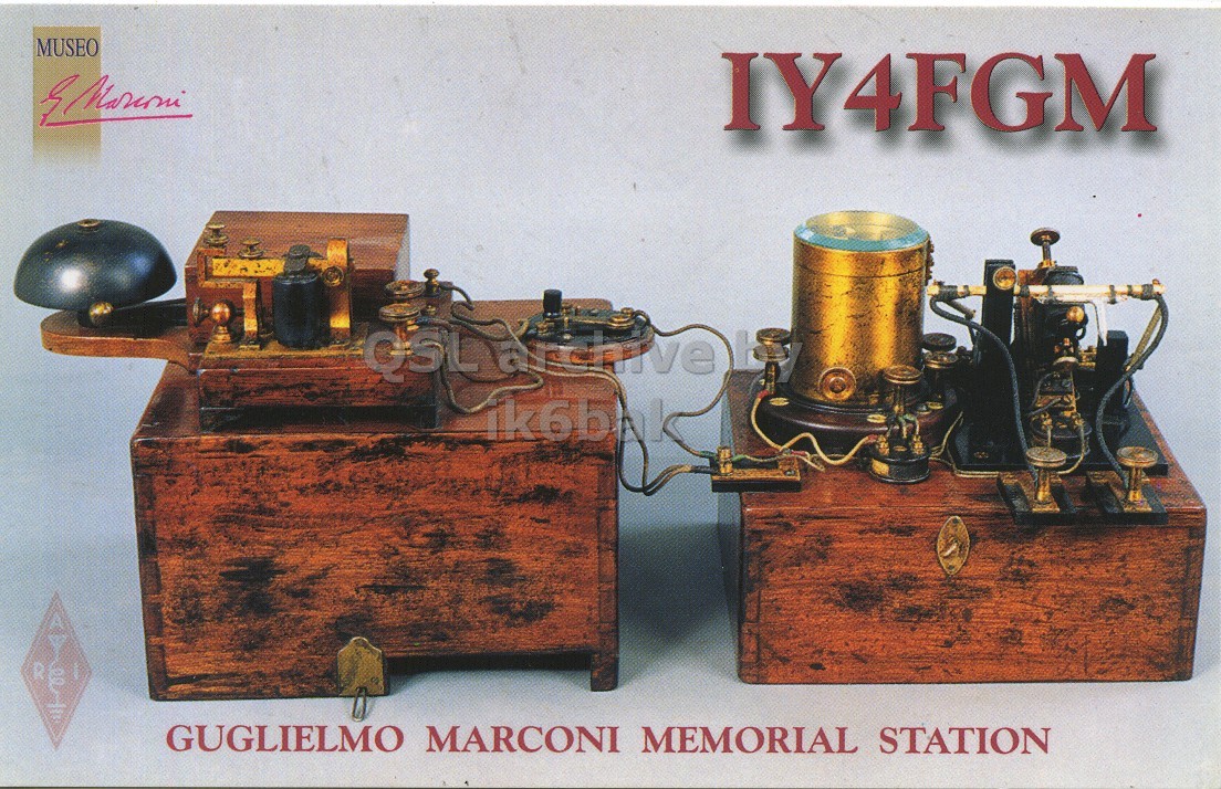 Front QSL card, of IY4FGM to IK6CQC, January 5, 2007, SSB mode. The QSL image contains the following objects: Machine, Motor, Engine. And contains this text: MUSEO IY4FGM ik6bak GUGLIELMO MARCONI MEMORIAL STATION MUSEO IY4FGM QSL ik6bak GUGLIELMO MARCONI MEMORIAL STATION.