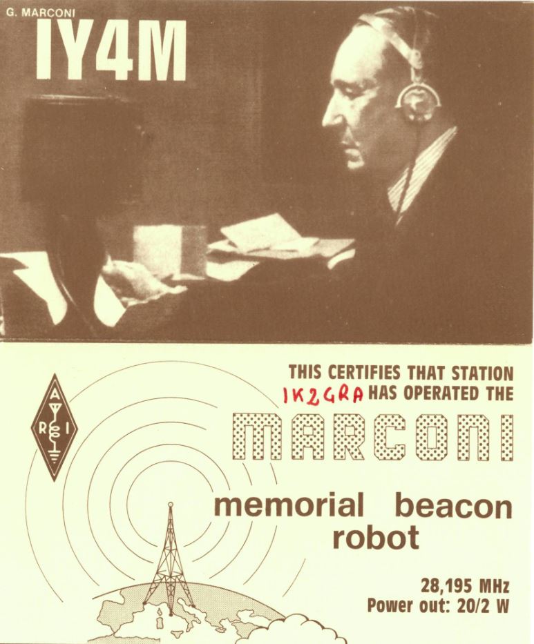 Front QSL card, of IY4M to IK2GRA, January 26, 1986, CW mode. The QSL image contains the following objects: Advertisement, Poster, Adult, Man, Person. And contains this text: G. MARCONI IY4M THIS CERTIFIES THAT STATION IK2GRA HAS OPERATED THE R MARCONI memorial beacon robot 28,195 MHz Power out: 20/2 W G. MARCONI IY4M THIS CERTIFIES THAT STATION HAS OPERATED THE R MARCONI memorial beacon robot 28,195 MHz Power out: 20/2 W.