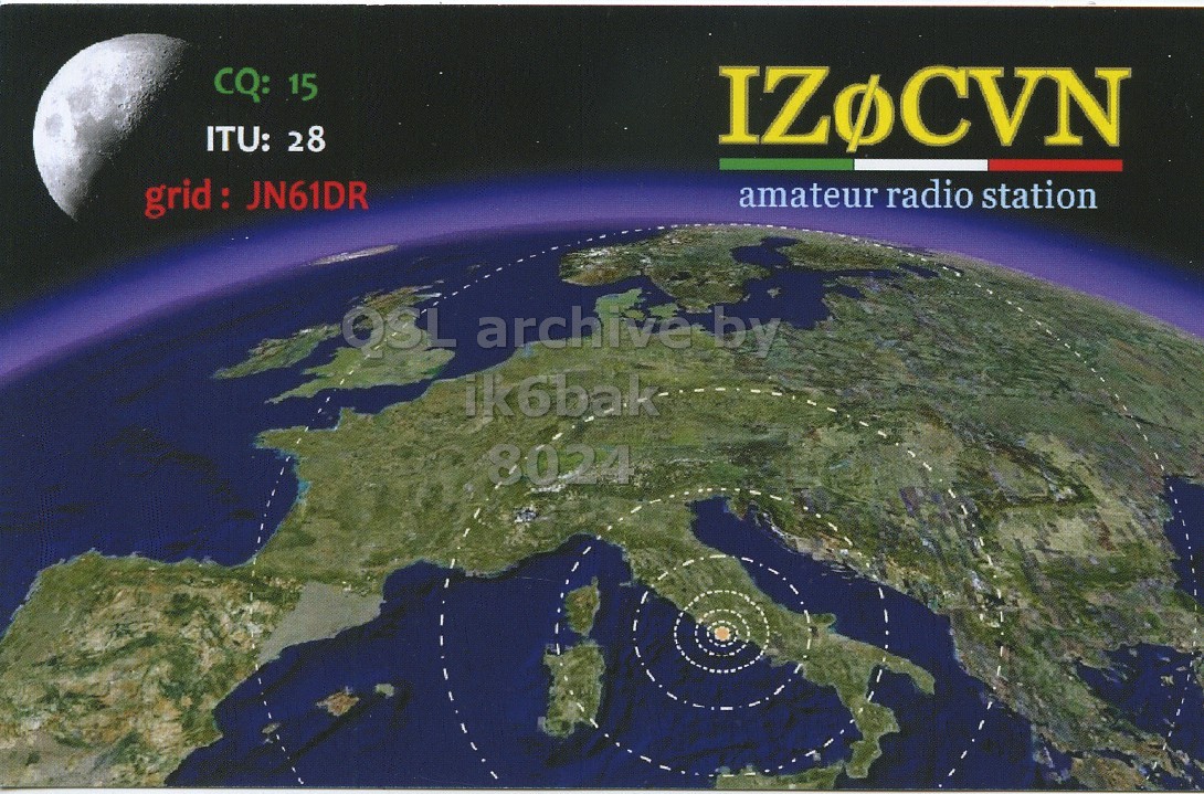 Front QSL card, of IZ0CVN to IK6BAK/P, December 2, 2021, SSB mode. The QSL image contains the following objects: Outdoors, Nature, Astronomy, Outer Space, Land. And contains this text: CQ: 15 ITU: 28 IZOCVN grid: JN61DR amateur radio station ik6bak 8024.