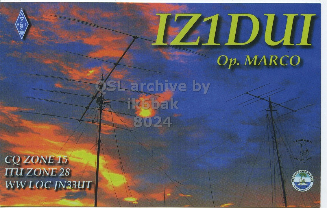 Front QSL card, of IZ1DUI to IK6BAK, December 14, 2019, RTTY mode. The QSL image contains the following objects: Electrical Device, Utility Pole. And contains this text: A R Ор. MARCO ik6bak 8024 SANREMO CQ ZONE 15 ITU ZONE 28 WW LOC JN33UT MEDITERRANEO DX CLUB.