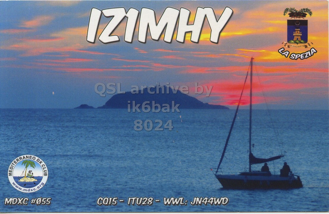 Front QSL card, of IZ1MHY to IK6BAK, January 11, 2020, CW mode. The QSL image contains the following objects: Boat, Sailboat, Yacht, Land, Sea. And contains this text: IZIMHY LA SPEZIA ik6bak 8024 MEDITERRANEO DX CLUB www.mdxc.org.