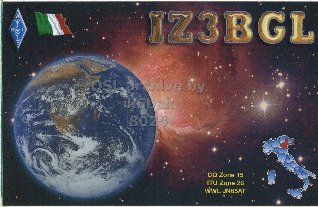 Front QSL card, of IZ3BGL to IK6BAK, January 12, 2019, SSB mode. The QSL image contains the following objects: Astronomy, Outer Space, Planet, Person. And contains this text: R IZ3BGL ik6bak 8024 CQ Zone 15 ITU Zone 28 WWL JN65AT.