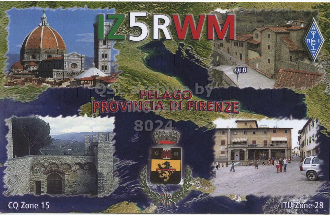Front QSL card, of IZ5RWM to IK6BAK/P, March 27, 2024, SSB mode. The QSL image contains the following objects: Neighborhood, City, Building, Monastery, Street. And contains this text: R QTH by PROVINCIA DI FIRENZE 8024 CQ Zone 15 ITU Zone 28.