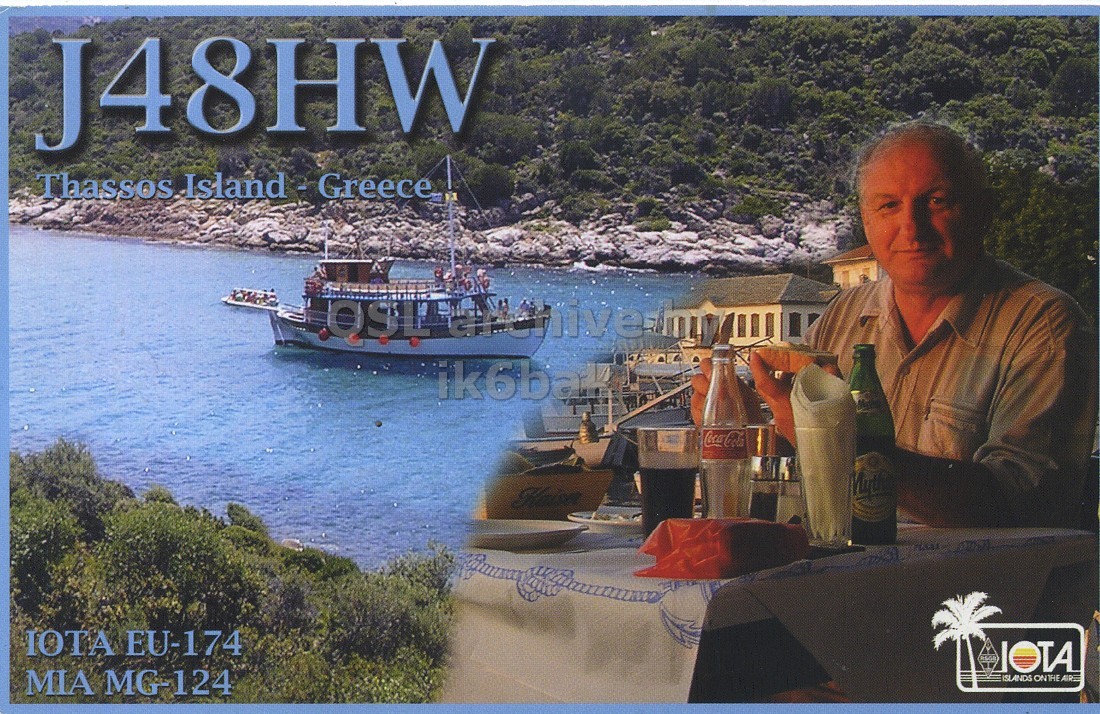 Front QSL card, of J48HW to IK6CQC, June 3, 2007, SSB mode. The QSL image contains the following objects: Waterfront, Yacht, Boat, Man, Person. And contains this text: J48HW ik6bal Coca-Cola IOTA EU-174 IOTA MIA MG-124 ISLANDS ON THE AIRE J48HW Thassos OSL ik6bal Coca-Cola IOTA EU-174 IOTA MIA MG-124 ISLANDS ON THE AIRE.