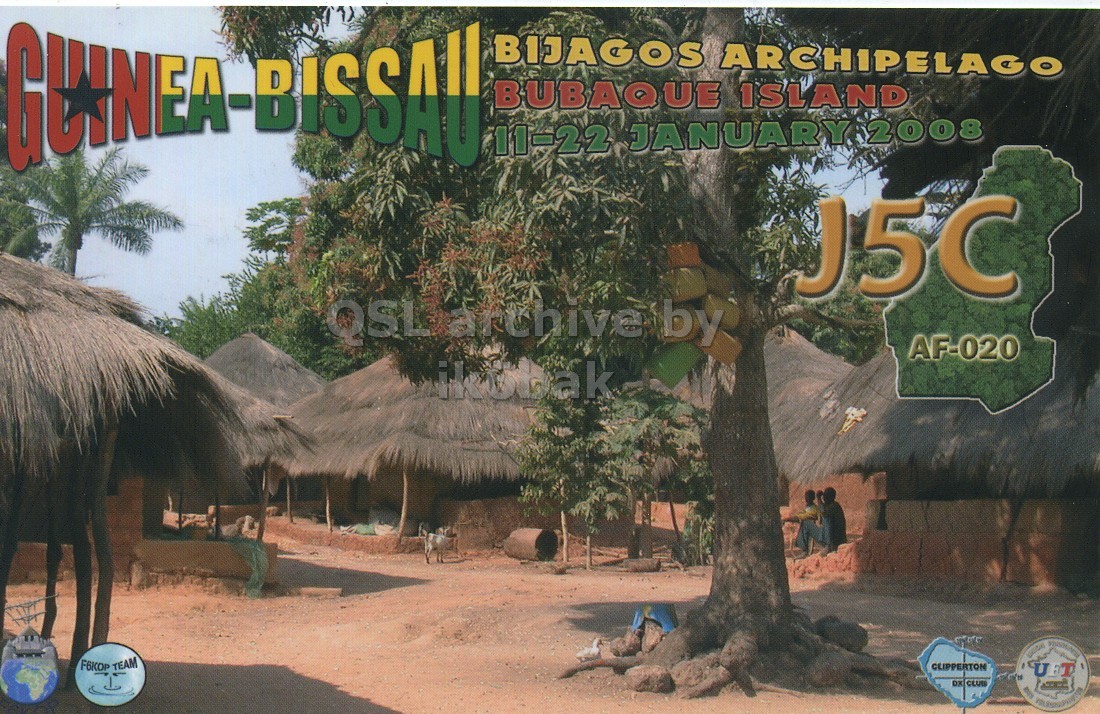 Front QSL card, of J5C to IK6CQC, January 13, 2008, SSB mode. The QSL image contains the following objects: Nature, Outdoors, Countryside, Hut, Rural. And contains this text: BIJAGOS ARCHIPELAGO BUBAQUE ISLAND 11-22 JANUARY 2008 J5C QSL arthive by AF-020 ikobak F6KOP TEAM CLIPPERTON UFT - BIJAGOS ARCHIPELAGO BUBAQUE ISLAND 11-22 JANUARY 2008 J5C QSL arthive by AF-020 ikobak F6KOP TEAM CLIPPERTON UFT CLUB -.