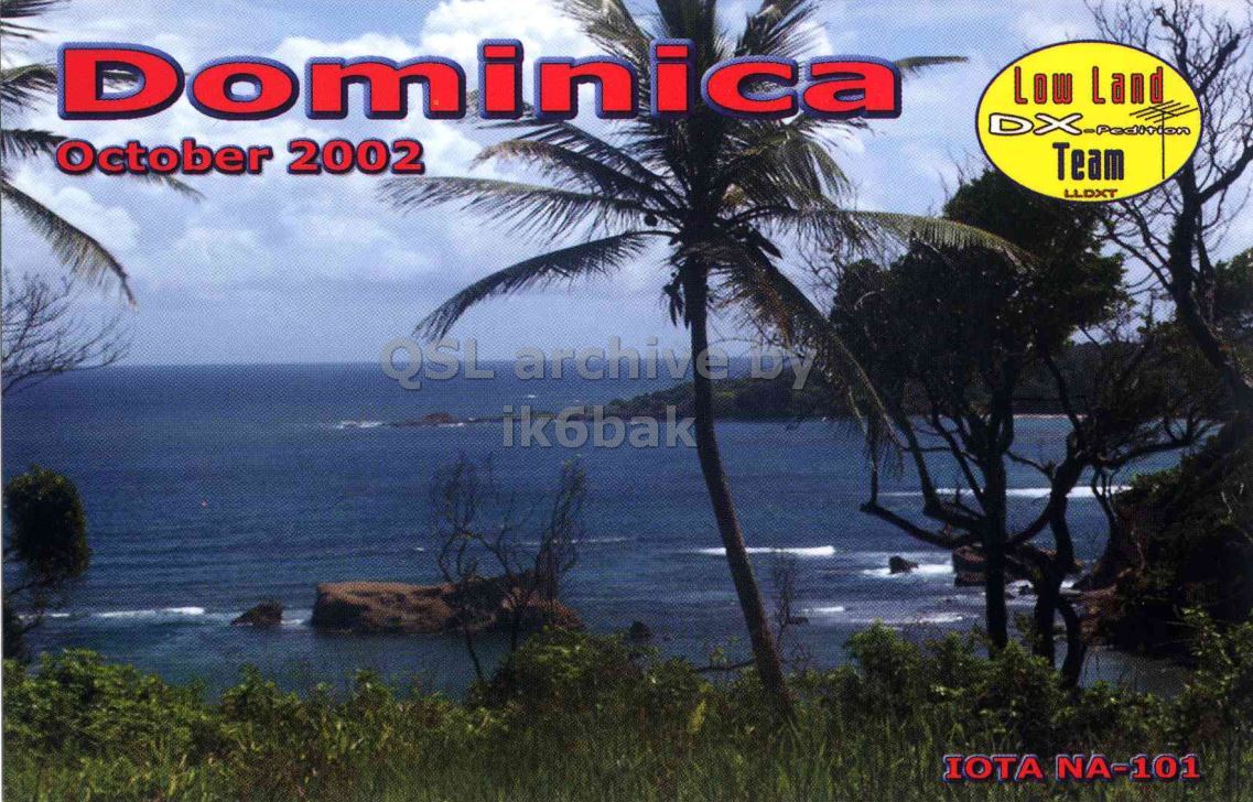 Front QSL card, of J75EA to IK2GRA, October 15, 2002, CW mode. The QSL image contains the following objects: Land, Nature, Outdoors, Sea, Water. And contains this text: Dominica Low Land October 2002 Team LLDXT QSL archive by ik6bak IOTA NA-101 Dominica Low Land October 2002 Team LLDXT QSL archive by ik6bak IOTA NA-101.