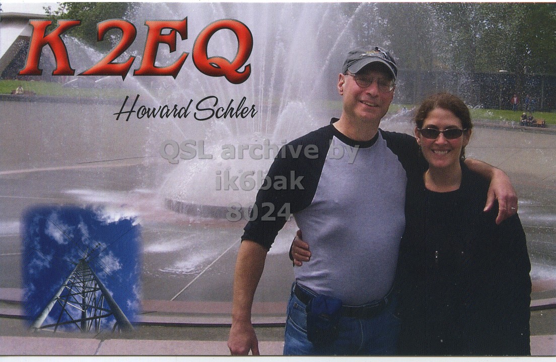 Front QSL card, of K2EQ to IK6BAK, January 20, 2020, FT8 mode. The QSL image contains the following objects: T-Shirt, Baseball Cap, Photography, Portrait, Fountain. And contains this text: K2EQ Howard Schler ik6bak 8024.
