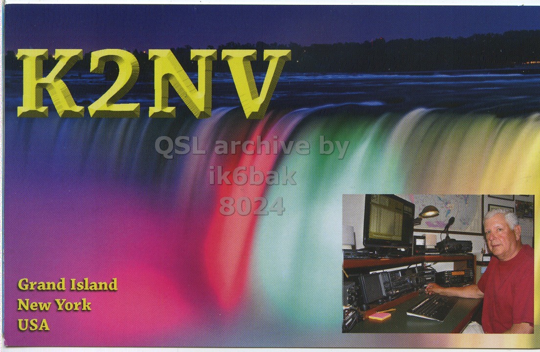 Front QSL card, of K2NV to IK6BAK, September 12, 2015, CW mode. The QSL image contains the following objects: Screen, Computer Hardware, Monitor, Man, Person. And contains this text: K2NV ik6bak 8024 Grand Island New York USA.