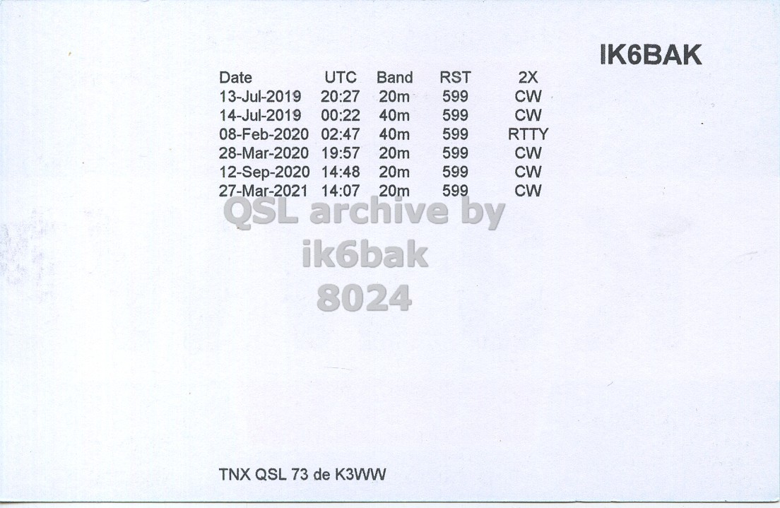 Right QSL card, of K3WW to IK6BAK, July 13, 2019, CW mode. The QSL image contains the following objects: Page, Plot. And contains this text: IK6BAK Date UTC Band RST 2X 13-Jul-2019 20:27 20m 599 CW 14-Jul-2019 00:22 40m 599 CW 08-Feb-2020 02:47 40m 599 RTTY 28-Mar-2020 19:57 20m 599 CW 12-Sep-2020 14:48 20m 599 CW 27-Mar-2021 14:07 20m 599 CW ik6bak 8024 TNX QSL 73 de K3WW.