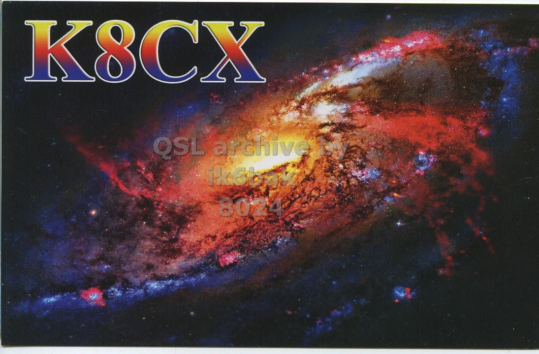 Front QSL card, of K8CX to IK6BAK, November 23, 2019, CW mode. The QSL image contains the following objects: Astronomy, Nebula, Outer Space, Night, Milky Way. And contains this text: K8CX ik6bak 8024.
