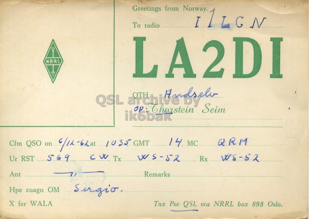 Front QSL card, of LA2DI to I1LCN, December 6, 1962, PH mode. The QSL image contains the following objects: Book. And contains this text: Greetings from Norway. To radio LA2DI Andselv QSL archive OTH by ik6bak Cfm QSO on 6/12-62at 1035 GMT 14 MC QRM cw Tx WS-52 Rx WS-52 Ur RST 569 Ant Remarks Hpe cuagn OM Sergio. X fer WALA Tnx Pse QSL via NRRL box 898 Oslo. Greetings from Norway. To radio LA2DI Andselv QSL archive OTH by Seim ik6bak Cfm QSO on 6/12-62at 1035 GMT 14 MC QRM cw Tx WS-52 Rx WS-52 Ur RST 569 Ant Remarks cuagn OM X fer WALA Tnx Pse QSL via NRRL box 898 Oslo..