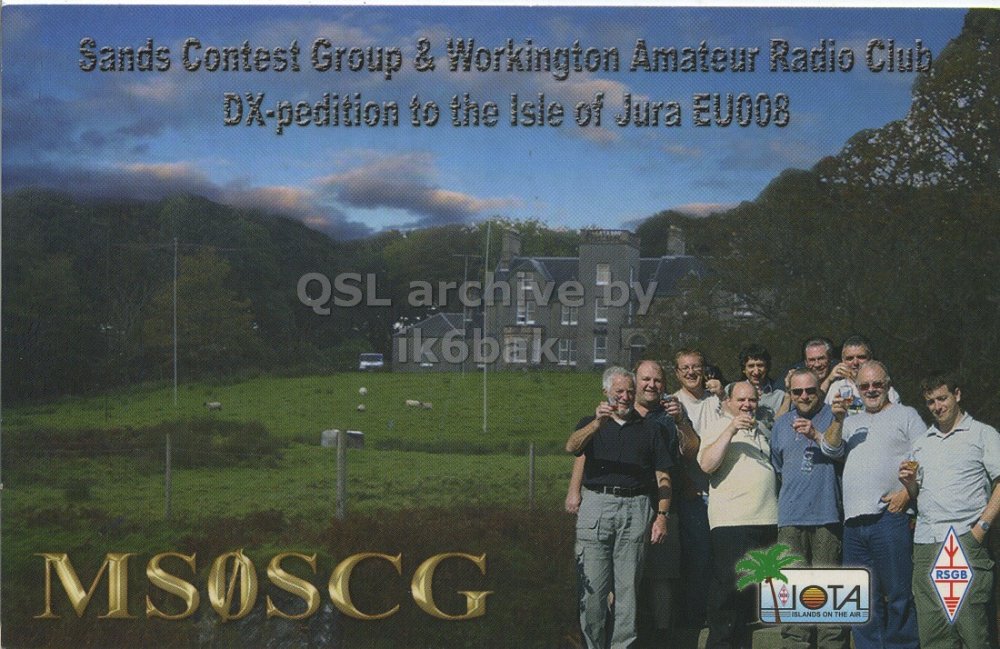 Front QSL card, of MS0SCG to IK6CQC, September 24, 2008, SSB mode. The QSL image contains the following objects: Pants, T-Shirt, People, Grass, Book. And contains this text: Sands Contest Group & Workington Amateur Radio Club DX-pedition to the Isle of Jura EU008 QSL archive by RSGB TA ISLANDS ON THE AIR Sands Contest Group & Workington Amateur Radio Club DX-pedition to the Isle of Jura EU008 QSL archive by RSGB TA ISLANDS ON THE AIR.