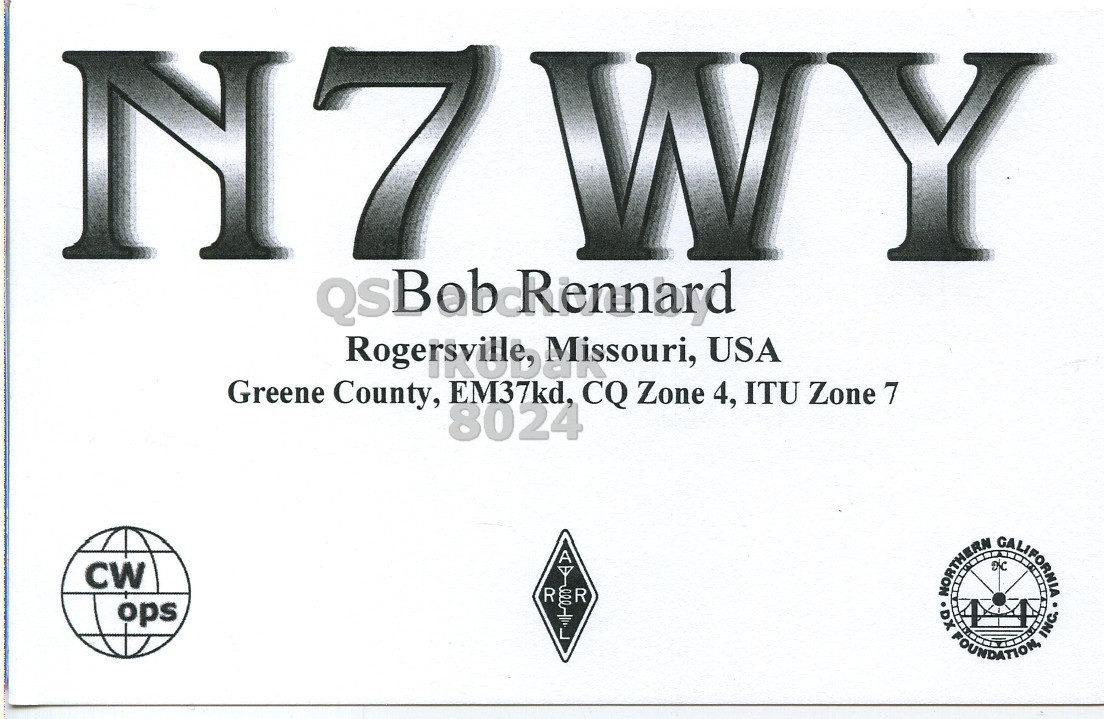 Front QSL card, of N7WY to IK6BAK, December 21, 2019, RTTY mode. The QSL image contains the following objects: Symbol, Number. And contains this text: N7 WY USA Greene County, EM37kd, CQ Zone 4, ITU Zone 7 8024 A CW RER ops.