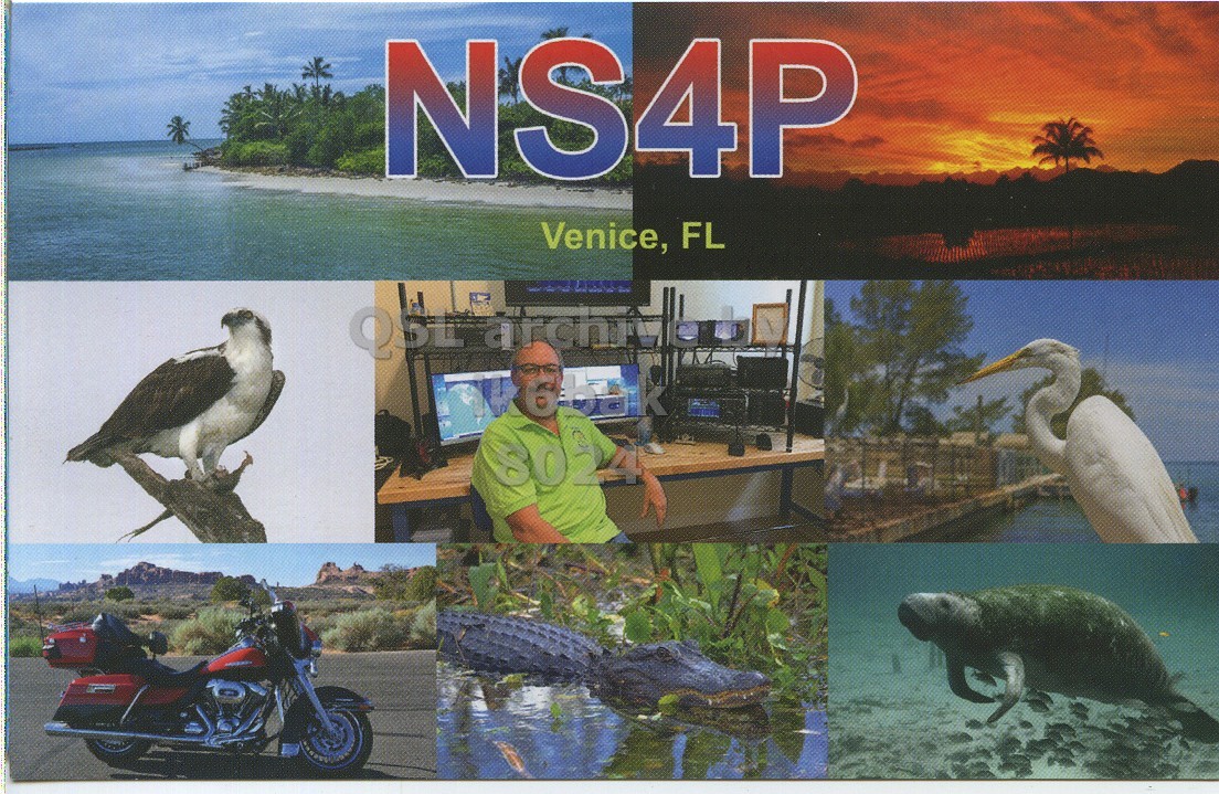 Front QSL card, of NS4P to IK6BAK, February 4, 2020, FT4 mode. The QSL image contains the following objects: Waterfront, Adult, Male, Man, Person. And contains this text: NS4P Venice, FL 8024.